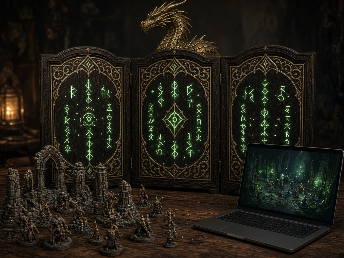 Ornate DM screen and miniatures