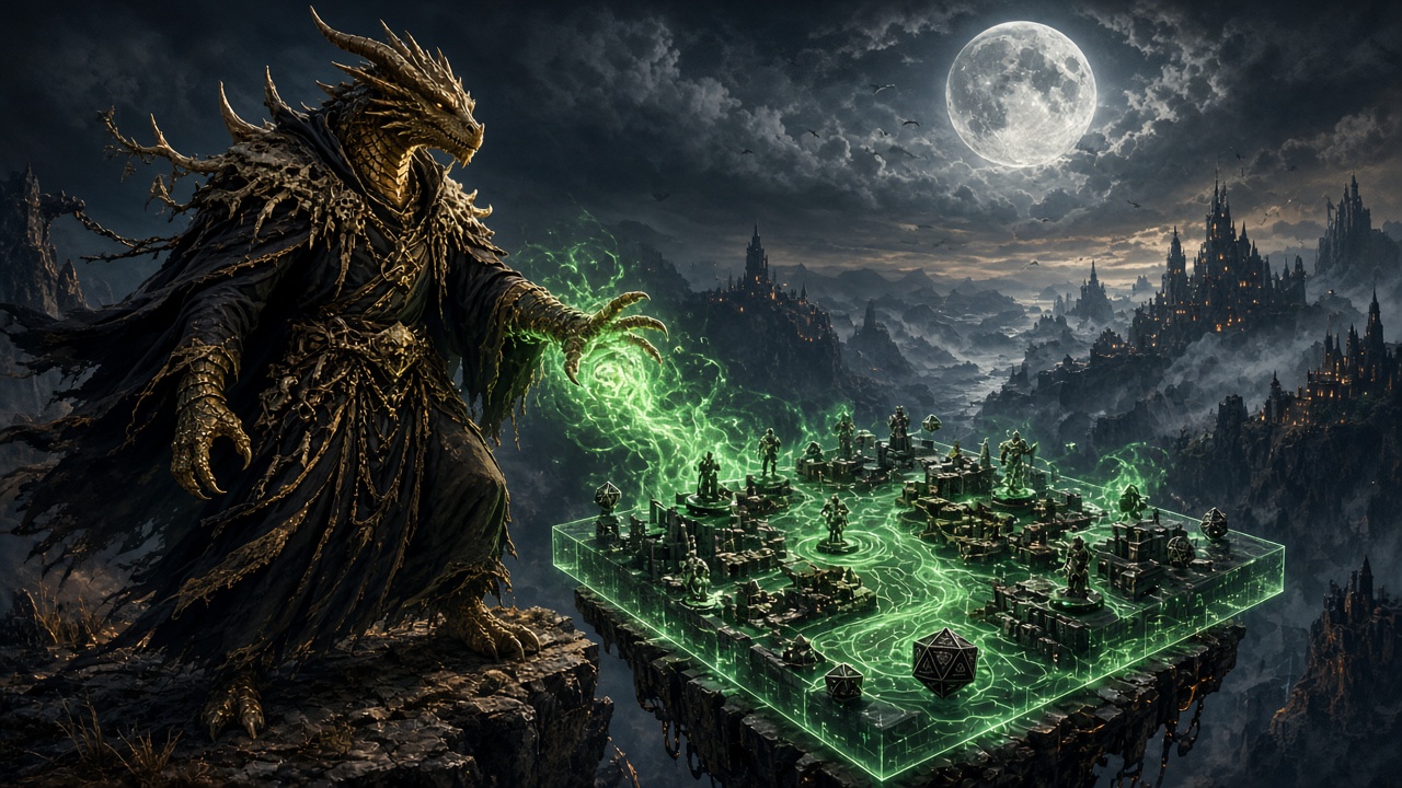 Dragonborn necromancer overlooking a glowing campaign table