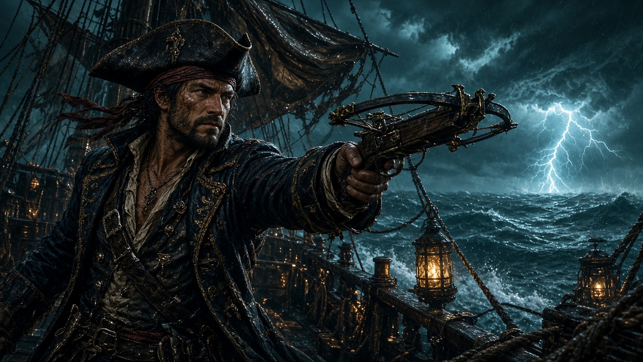 Male pirate captain aiming a crossbow on a stormy deck