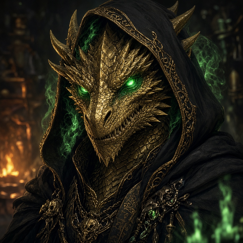 Portrait of a brass Dragonborn necromancer