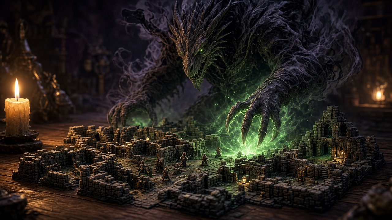 Spectral Dragonborn DM towering over a Tiny Dungeon table