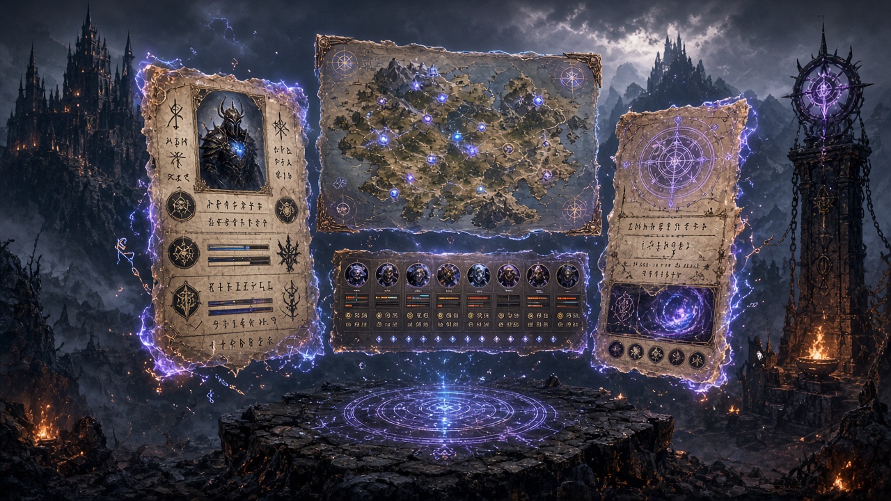Floating campaign panels over a fantasy landscape